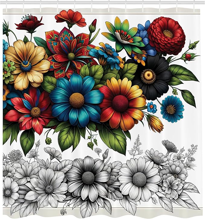 Ambesonne Modern Shower Curtain, Surreal Colorful Floral Huddle with Leaves Featuring Sketchy Botany, Cloth Fabric Bathroom Decor Set with Hooks, 69" W x 70" L, Charcoal Grey Multicolor