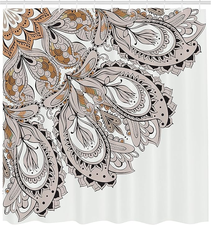 Ambesonne Mandala Shower Curtain, Edge of Mandala Pattern Detailed Paisley Mystic Traditional Design, Cloth Fabric Bathroom Decor Set with Hooks, 69" W x 70" L, Almond Ecru