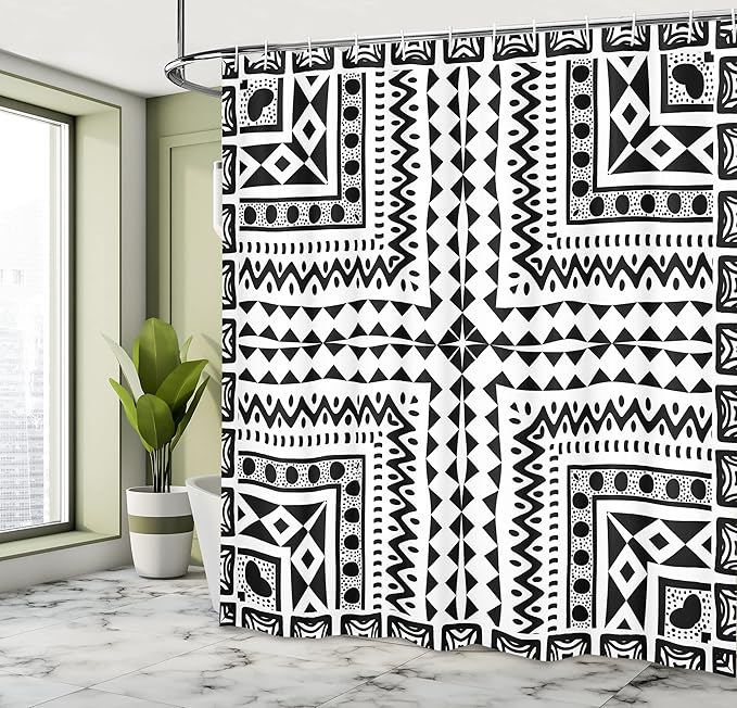 Ambesonne Tribal Shower Curtain, Geometric Pattern Vintage Dots Sketchy Lines Art Print, Cloth Fabric Bathroom Decor Set with Hooks, 69" W x 70" L, Black and Eggshell