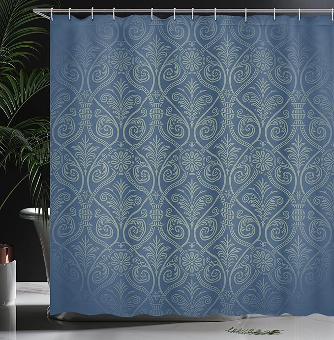 Ambesonne Damask Shower Curtain, Antique Baroque Pattern Mild Gothic Victorian Style Repeated Curly Motifs, Cloth Fabric Bathroom Decor Set with Hooks, 69" W x 70" L, Sea Blue
