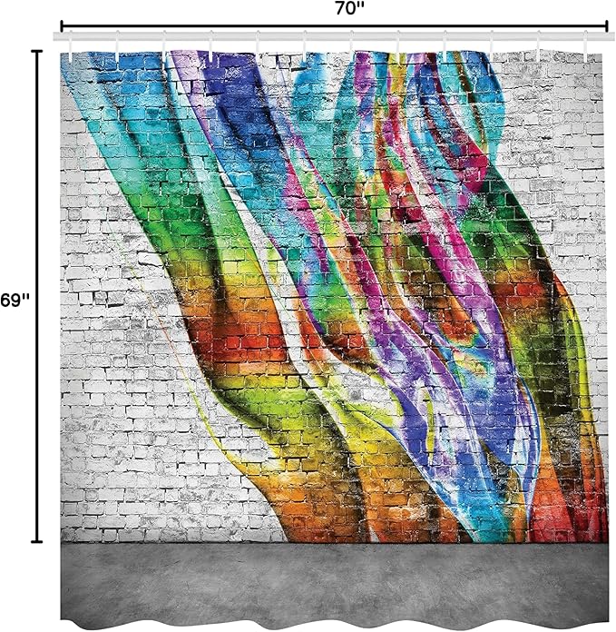 Ambesonne Brick Wall Shower Curtain, Abstract Graffiti Painted on Wall Harmony of Colors Street Art Fresco Print, Cloth Fabric Bathroom Decor Set with Hooks, 69" W x 70" L, Rainbow Colors