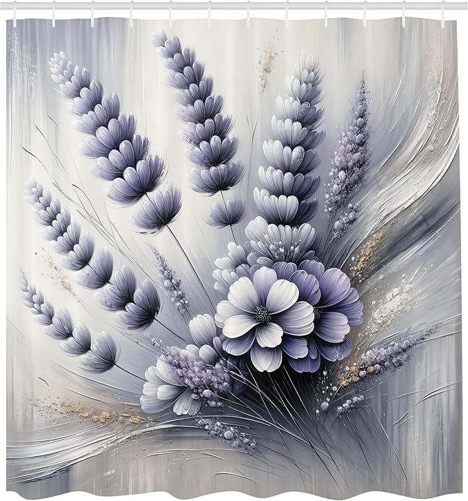 Ambesonne Lavender Shower Curtain, Gentle Illustration of Purplish Petal Floral with Oil Paint Look Backdrop, Cloth Fabric Bathroom Decor Set with Hooks, 69" W x 75" L, Ceil Blue Pale Grey