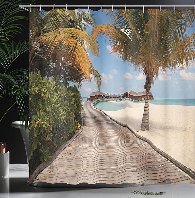 Ambesonne Beach Shower Curtain, Bungalows at Tropic Island Coconut Palm Trees on The Beach Secret Paradise Maldives, Cloth Fabric Bathroom Decor Set with Hooks, 69" W x 70" L, Cocoa