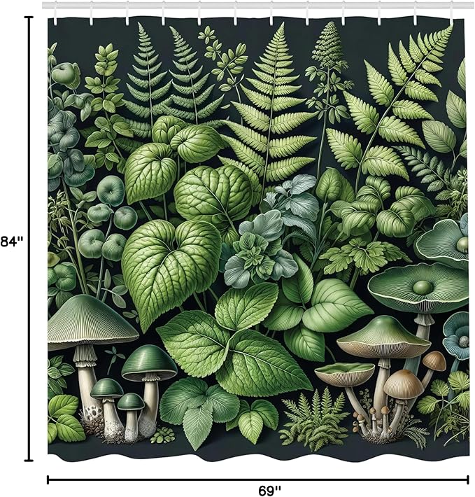 Ambesonne Botanical Shower Curtain, Fantasy Forest Jungle Themed Fern Leaves and Mushroom Jumble Design Nature, Cloth Fabric Bathroom Decor Set with Hooks, 69" W x 84" L, Pistachio Green