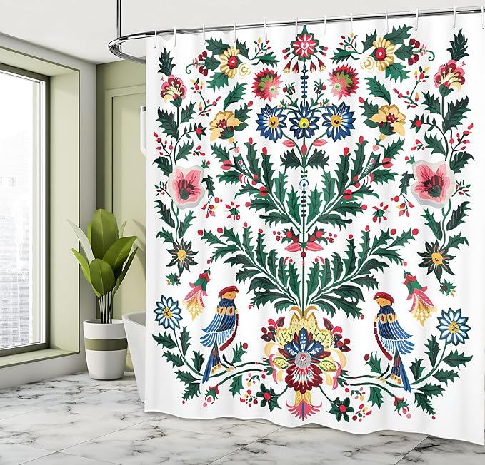 Ambesonne Christmas Shower Curtain, Traditional Scandi Art of Xmas Berry Leaves Birds and Floral Colorful, Cloth Fabric Bathroom Decor Set with Hooks, 69" W x 70" L, Green White Multicolor
