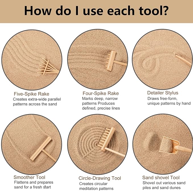 Zen Sand Garden Kit for Desk with Incense Stick Holder 11"x7.5" 6 Tools, 16 Accessories
