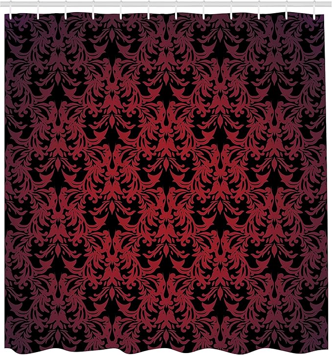 Ambesonne Victorian Shower Curtain, Antique EuropeDesign Floral Swirls and Leaves Ombre Image, Cloth Fabric Bathroom Decor Set with Hooks, 69" W x 75" L, Burgundy Vermilion