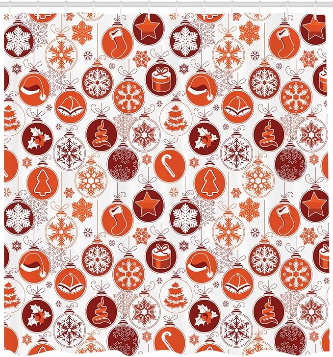 Ambesonne Christmas Shower Curtain, Classical Themed Old Fashioned Celebration Carols Winter Design Patterns, Cloth Fabric Bathroom Decor Set with Hooks, 69" W x 70" L, White Vermilion