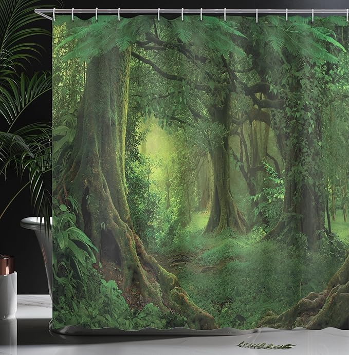 Ambesonne Forest Shower Curtain, Enchanted Woodland Foliage in Deep Tropical Jungle at Southeast Landscape Print, Cloth Fabric Bathroom Decor Set with Hooks, 69" W x 75" L, Green