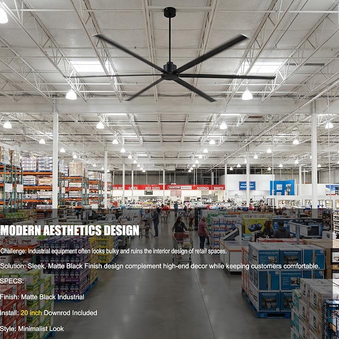 144 Inch (12 ft) Big Industrial Fan, HVLS Large Commercial Ceiling Fan, Ultimate Power 130W DC Motor, 10-Year Warranty, 6 Aluminum Blades for Hangar, Workshop, Cattle Farm & Mall