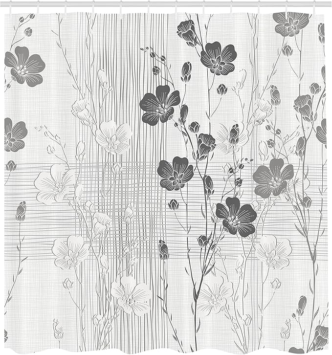 Ambesonne Flower Shower Curtain, Blooming Buds and Hibiscus Flowers with Simple Striped and Crossed Pattern Print, Cloth Fabric Bathroom Decor Set with Hooks, 69" W x 75" L, Ivory Grey