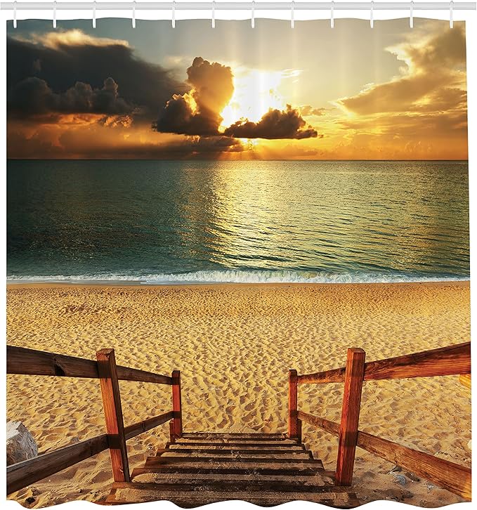 Ambesonne Beach Shower Curtain, Dramatic Beach Scenery with Majestic Rain Cloud Horizon Heaven Paradise Theme, Cloth Fabric Bathroom Decor Set with Hooks, 69" W x 84" L, Orange Cream