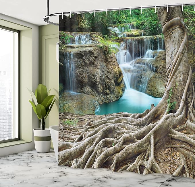 Ambesonne Waterfall Shower Curtain, Aged Tree Roots and Waterfall Landscape in Deep Forest Novelty on Earth, Cloth Fabric Bathroom Decor Set with Hooks, 69" W x 70" L, Blue Green Brown