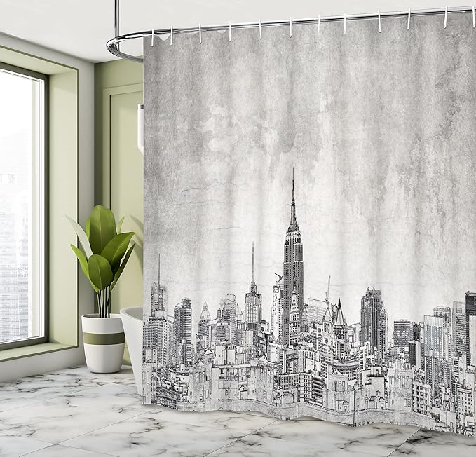 Ambesonne Sketchy Shower Curtain, Cosmopolitan New York City Skyline with The Iconic Skyscrapers and High Buildings Artwork Design, Cloth Fabric Bathroom Set with Hooks, 69" W x 70" L, Grey Charcoal