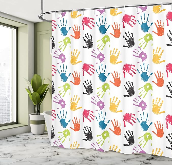Ambesonne Cartoon Shower Curtain, Colorful Print Teamwork Painting Fun Games Illustration, Cloth Fabric Bathroom Decor Set with Hooks, 69" W x 84" L, Yellow Teal and Red