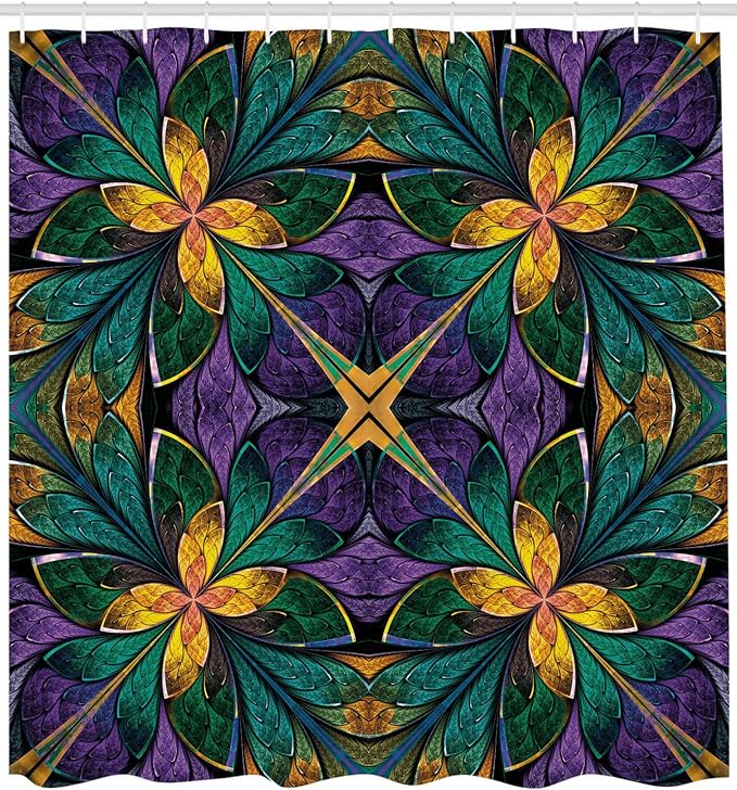 Ambesonne Fractal Shower Curtain, Antique Ornate Symmetric Stained Glass Mosaic Window Style Floral Tile Pattern, Cloth Fabric Bathroom Decor Set with Hooks, 69" W x 84" L, Green Purple
