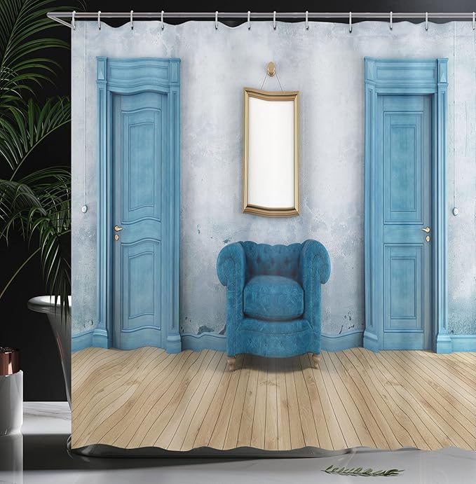 Ambesonne Antique Shower Curtain, Empty Space 2 Doors Armchair and Simple Mirror Golden Yellow Frame, Cloth Fabric Bathroom Decor Set with Hooks, 69" W x 84" L, Blue Sand Brown