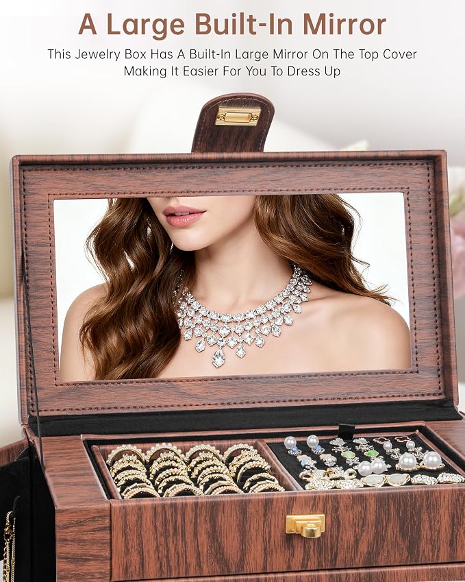 AKOZLIN 6-Tier Jewelry Box Organizer Functional 5 Drawers Leather Jewelry Storage Case for Women Girls Ring Necklace Earring Bracelet Holder Organizer with Mirror XL Red 360° Rotating