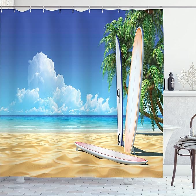 Ambesonne Tropical Shower Curtain, Surf Board on The Sand by Ocean Sea Idyllic Serene Coast Paradise Image, Cloth Fabric Bathroom Decor Set with Hooks, 69" W x 70" L, Royal Blue Sand Brown