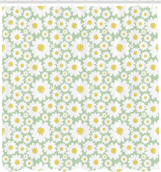 Ambesonne Floral Shower Curtain, Pastel Cartoon Like Flowers Daisies Spring Time Season Artwork Print, Cloth Fabric Bathroom Decor Set with Hooks, 69" W x 75" L, Pale Sage