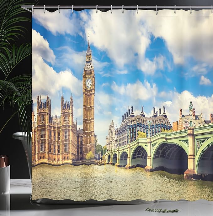 Ambesonne London Shower Curtain, Big Ben Clock Tower and Westminster Bridge Cloudy Day in Spring, Cloth Fabric Bathroom Decor Set with Hooks, 69" W x 70" L, Pale Green Pale Brown