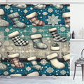 Ambesonne Christmas Shower Curtain, Cold Greenish Detail Xmas Stocking with Tartan Lines and Snowflakes, Cloth Fabric Bathroom Decor Set with Hooks, 69" W x 70" L, Blue Dark Grey Off White