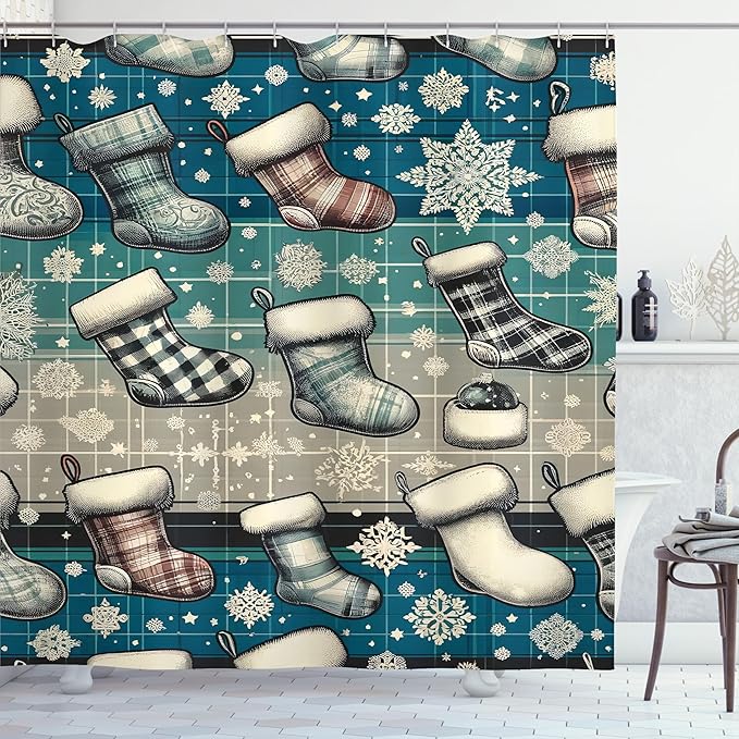Ambesonne Christmas Shower Curtain, Cold Greenish Detail Xmas Stocking with Tartan Lines and Snowflakes, Cloth Fabric Bathroom Decor Set with Hooks, 69" W x 84" L, Blue Dark Grey Off White