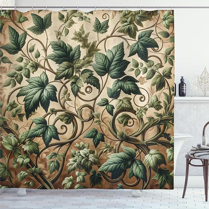 Ambesonne Leaf Print Shower Curtain, Swirling Branches Ivy Ornament with Leaves in Medieval Influences, Cloth Fabric Bathroom Decor Set with Hooks, 69" W x 75" L, Pale Brown Hunter Green