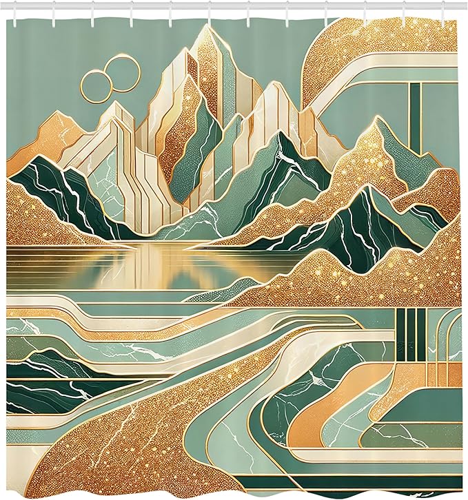 Ambesonne Mid Century Modern Boho Shower Curtain, Landscape Inspired Cloudy Mountains Geometric Shape, Cloth Fabric Bathroom Decor Set with Hooks, 69" W x 84" L, Amber Teal Burnt Orange