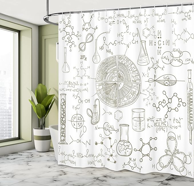 Ambesonne Science Shower Curtain, Science Theme Hand Drawn Style Chemistry Laboratory Illustration, Cloth Fabric Bathroom Decor Set with Hooks, 69" W x 70" L, White Umber
