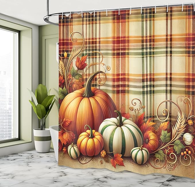 Ambesonne Fall Shower Curtain, Classic Thanksgiving Plaid Tartan Pumpkins and Swirling Leafy Details, Cloth Fabric Bathroom Decor Set with Hooks, 69" W x 70" L, Green Orange and Pale Brown