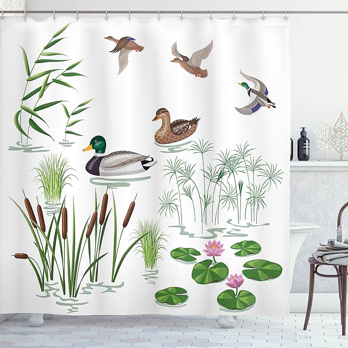 Ambesonne Rubber Duck Shower Curtain, Lake Animals and Plants Lily Flowers Reeds Cane in The Pond Nature Park, Cloth Fabric Bathroom Decor Set with Hooks, 69" W x 70" L, Green White