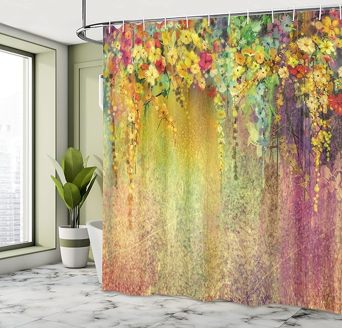 Ambesonne Flower Shower Curtain, Abstract Herbs Alternative Medicine Blossoms Ivy Back Florets Shrubs Design, Cloth Fabric Bathroom Decor Set with Hooks, 69" W x 70" L, Earth Yellow