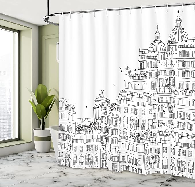 Ambesonne European Shower Curtain, Hand Drawn Italian Town Buildings Cityscape Famous Urban Houses Design, Cloth Fabric Bathroom Decor Set with Hooks, 69" W x 75" L, Grey Black