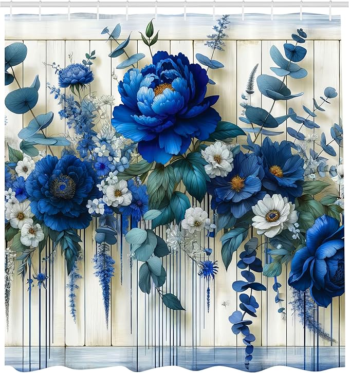 Ambesonne Blue Shower Curtain, Peony Daisy and Wild Flowers with Eucalyptus Branches on Rustic Backdrop, Cloth Fabric Bathroom Decor Set with Hooks, 69" W x 75" L, Teal and Dark Turquoise
