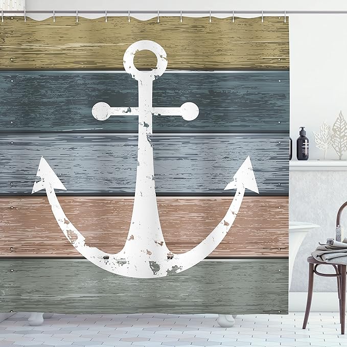 Ambesonne Anchor Shower Curtain, Timeworn Marine Pattern and Grunge Weathered Wooden Planks Rustic Style Nautical, Cloth Fabric Bathroom Decor Set with Hooks, 69" W x 70" L, Khaki Teal