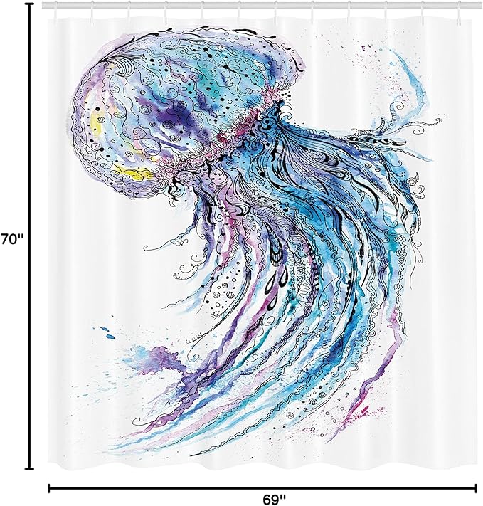 Ambesonne Jellyfish Shower Curtain, Aqua Colors Art Ocean Animal Print Sketch Style Creative Sea Marine Theme, Cloth Fabric Bathroom Decor Set with Hooks, 69" W x 70" L, Blue White