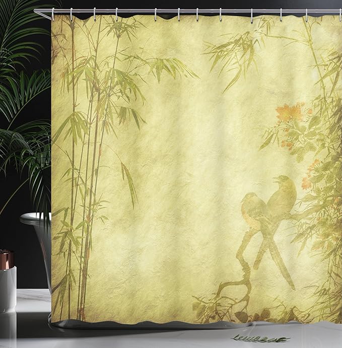 Ambesonne Asian Themed Shower Curtain, Silhouettes of Birds on The Branch Twig Retro Inspired Wild Life Art Print, Cloth Fabric Bathroom Decor Set with Hooks, 69" W x 84" L, Green