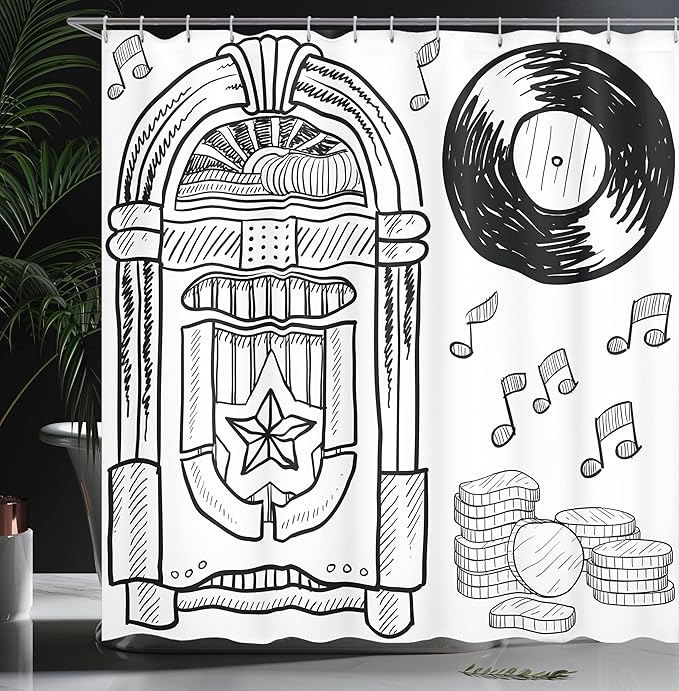 Ambesonne Jukebox Shower Curtain, Doodle Style Retro Music Box Notes Coins Long Play Vintage Sketchy Art, Cloth Fabric Bathroom Decor Set with Hooks, 69" W x 75" L, Black and White