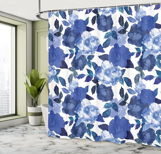 Ambesonne Flower Shower Curtain, Lively Watercolor Painted Simplistic Large Flowers and Leaves Inspired by Spring Season Artwork, Cloth Fabric Bathroom Decor Set with Hooks, 69" W x 84" L, Blue White