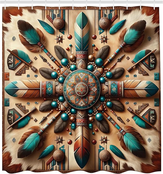 Ambesonne Rustic Shower Curtain, Ethnic Southwestern Style Grunge Boho Symmetric Design with Feathers, Cloth Fabric Bathroom Decor Set with Hooks, 69" W x 70" L, Redwood and Dark Turquoise