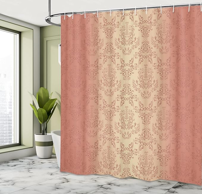 Ambesonne Vintage Shower Curtain, Antique Baroque Floral Swirling Patterns Victorian Vintage Retro Style, Cloth Fabric Bathroom Decor Set with Hooks, 69" W x 84" L, Salmon Peach