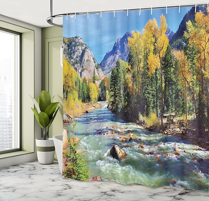 Ambesonne Landscape Shower Curtain, Mountains of Colorado with Forest and River Summer Foliage Idyllic Photo, Cloth Fabric Bathroom Decor Set with Hooks, 69" W x 84" L, Mustard Green Blue