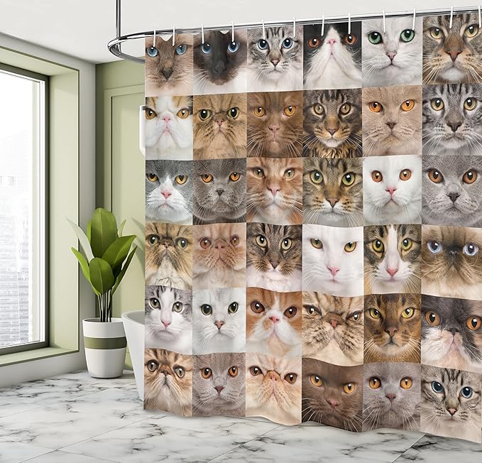 Ambesonne Cat Lover Shower Curtain, Collage of Cat Heads Breed British Shorthair Chartreux Turkish Angora, Cloth Fabric Bathroom Decor Set with Hooks, 69" W x 70" L, Brown White