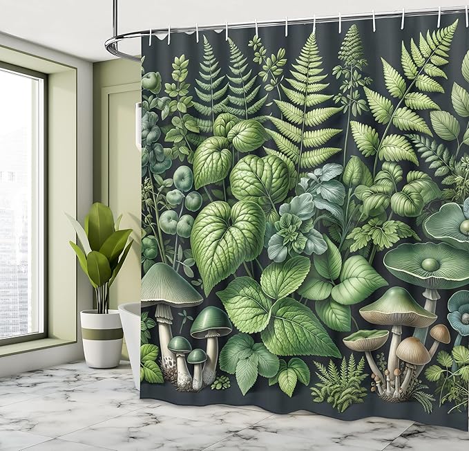 Ambesonne Botanical Shower Curtain, Fantasy Forest Jungle Themed Fern Leaves and Mushroom Jumble Design Nature, Cloth Fabric Bathroom Decor Set with Hooks, 69" W x 84" L, Pistachio Green