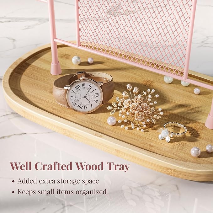 bussdis Jewelry Holder Organizer Earring Display - Earring Storage Tree Stands Towers With 6 Hooks 300 Studs Wood Tray Pink Metal Rack