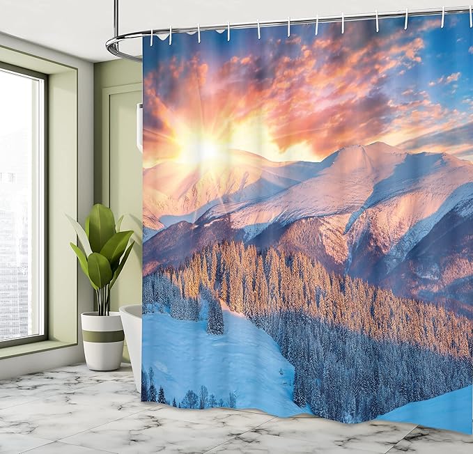 Ambesonne Mountain Shower Curtain, Mountain View with Colorful Winter Sunrise on The Top Nature Art, Cloth Fabric Bathroom Decor Set with Hooks, 69" W x 70" L, Yellow White