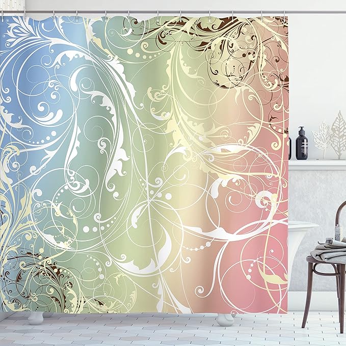 Ambesonne Floral Shower Curtain, Baroque Swirl Branches Curved Flower Leaves Shabby Form Nature Pattern, Cloth Fabric Bathroom Decor Set with Hooks, 69" W x 84" L, Pale Sky