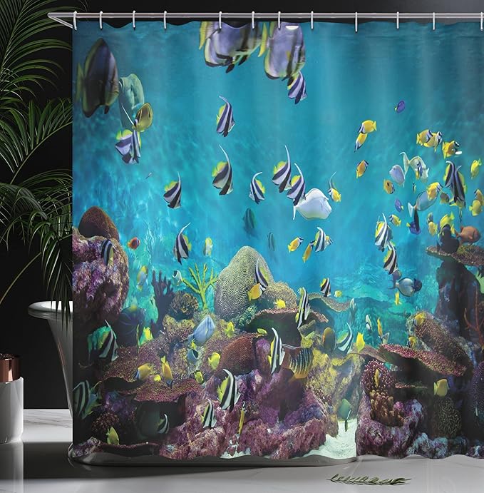 Ambesonne Ocean Shower Curtain, Untouched Wild Underwater Aquatic World Corals Exotic Fishes Seascape, Cloth Fabric Bathroom Decor Set with Hooks, 69" W x 75" L, Purple Lilac