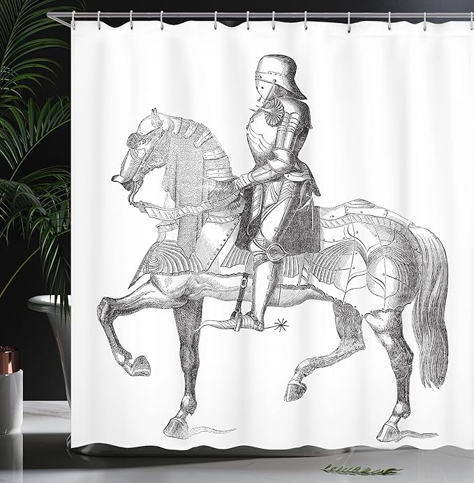 Ambesonne Medieval Shower Curtain, Retro Vintage Illustration of Middle Age Renaissance Knight on The Horse, Cloth Fabric Bathroom Decor Set with Hooks, 69" W x 75" L, White Grey
